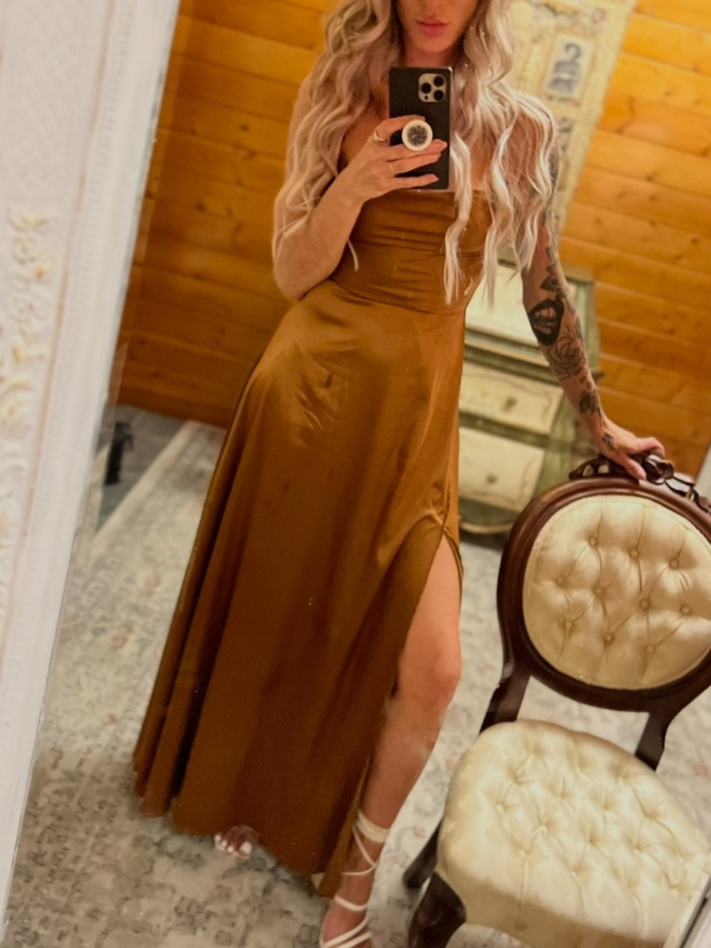 Satin Maxi Dress in Bronze Brown with HIGH Side Slit (SHEIN)